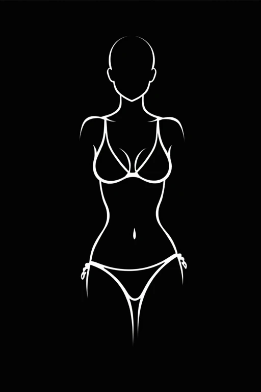 icon representing an athletic girl, only torso, breasts, waist, hips, abs, 
no arms, no legs, panties, bikini swimsuit, 
contour, contours emphasize athletic figure, 
white outline on a black background