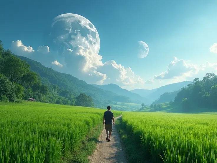 扛着平板货物的老农民, walking along winding path in rural, Big Moon, Jupiter reflection, Big clouds , Blue sky, paddy, Clean rice seedlings in a field , forest, hillside, secluded, rural,  HD Details ,  Super detailed , Movie,  Surrealism , Soft Light, Deep Field De...