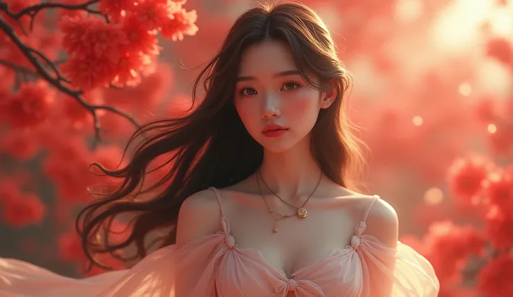  Realistic Portraits、 very beautiful young Japanese woman、 shot showing her waist 、 bright brunette with long hair 、Elegant and clear 、 sad、god々 beautiful appearance 、 wearing a white silk dress 、The background is full of red flowers、3d、 high quality and r...