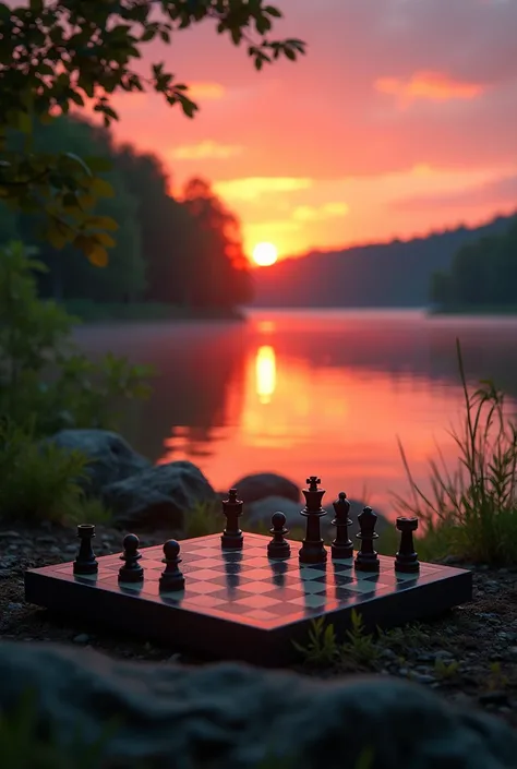 Lets create a very relaxing photo with a lake and an empty chessboard and its sunset and the sun is red.