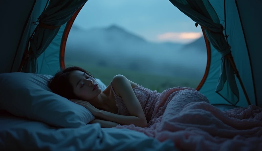 Beautiful Asian woman sleeping wearing a thin nightgown in a tent, foggy, misty, night