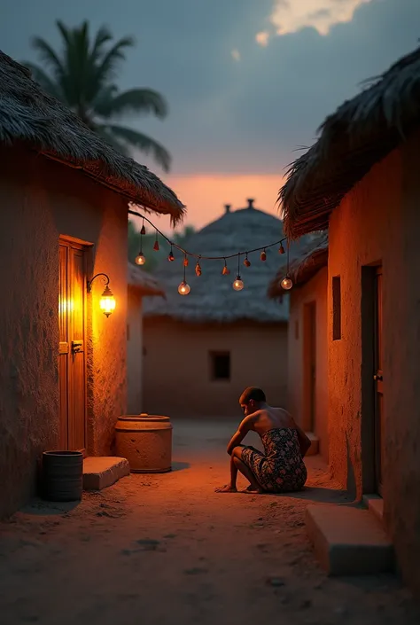 /imagine A quiet rural village in Nigeria at dusk, with mud-brick houses, a dim lantern glowing in the corner of a dusty square, and ren sitting under the fading light of the setting sun, capturing the serene and humble life of the village." Hyper-realisti...