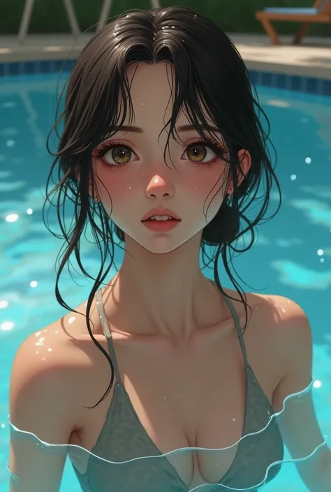 Teen girl detailed portrait, She is shy reaction on her face, drops of water on the face and neck and shoulders whole body, swimming pool, cleavage, no wear top, mouth open, looking sharp