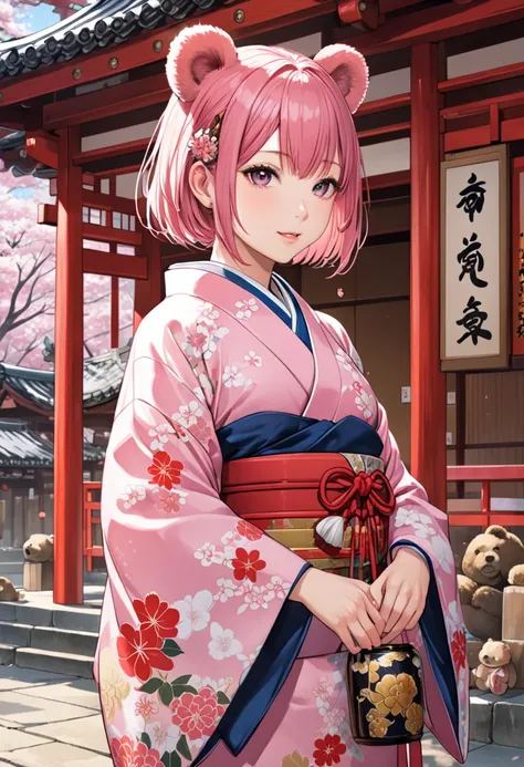 first visit of the year to a shrine,  Pink Hair, short bob,Bear ears、New Year、Kimono Girl,  top quality , masterpiece,  Representative works ,  Official Art ,  professional , Super complex and detailed, 8k