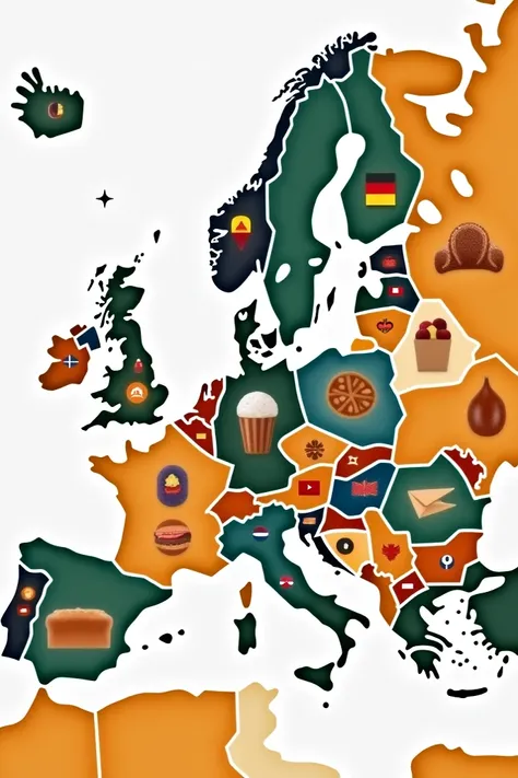 Create a map of Europe where each country has its own flag and shows the most famous food in each country 