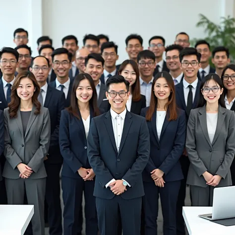 A group of around 100 Asian employees, both men and women, all dressed in formal suits. Some are wearing glasses, and others are not. They are standing confidently, slightly smiling, and facing the camera. The background is a wide white office, including w...