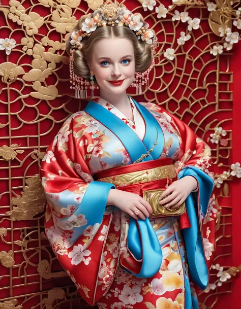 full body,from front,(((One month))) old foreign baby,Newborn baby,Fat,toddler,tiny,(((Big eyes))),(((blue eyes))),smile,happy smile,cute smile,Oiran,Wearing a gorgeous kimono,Hairpin,Wearing gold high clogs,Hollywood Runway,Red carpet,sunny,Photorealistic...