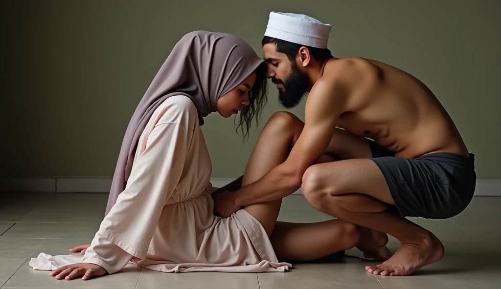 Image from the side.  a beautiful Indonesian girl ,  on all fours with her hands and elbows supporting her body ,  She wears a nightgown , and a simple hijab .  While there are two Arab men in a crouched position . The only one is in the ass and holding th...