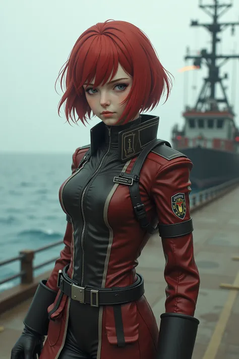 Absurd resolution, high resolution, (masterpiece: 1.4), hyper-detail, weapons testing site at an empty dock by the sea, 1 young woman, short red hair, soldier costume, very serious expression