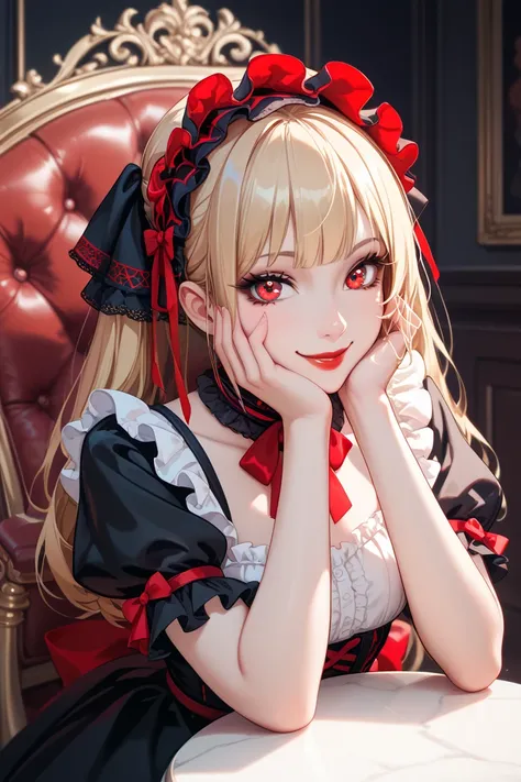 ( Gothic Lolita Dress 、 Dress Full of Human Faces)、 Chair with Backrest Armrests 、 Dark Room、sits on a chair、 white skin、Blonde、( cute girl 、Too Small Girl )、Red Eye、Dark red lips、smile、 small tits