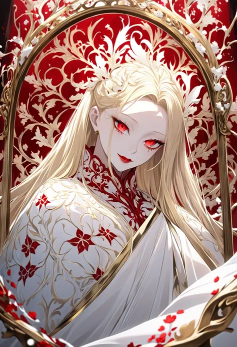 Fukamados Daughter 。 A beautiful blond woman who seems to have melted gold 。Droopy eyes。 crimson eyes that tend to stand down and are ephemeral 。Pale, soft skin like snow 。Cherry-colored lips。Red pattern on outer corner of eye。 mysterious and pretty, ephem...