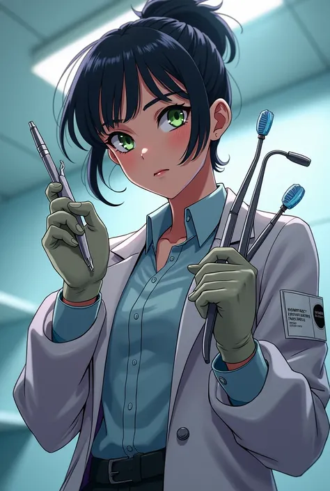 Female dentist not old wearing grunge coat holding dental equipment anime