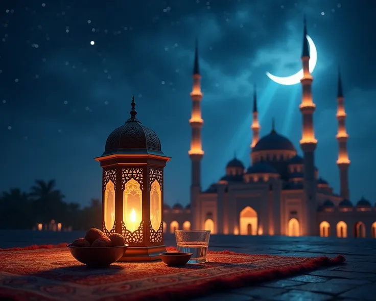 "A serene and symbolic representation of Ramadan, featuring a crescent moon glowing brightly in a starlit night sky, symbolizing the holy month. In the foreground, a beautifully lit traditional lantern rests on a decorative carpet, surrounded by a small bo...