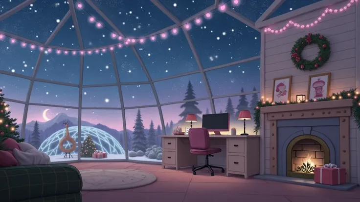 anime,  exuding a Christmas atmosphere。 The entire room, including the ceiling, is made of glass、 and outside you can see a fantastic view of the starry sky and falling snow。Inside the room、A streaming room with a girly, soft design、 The room is based on p...