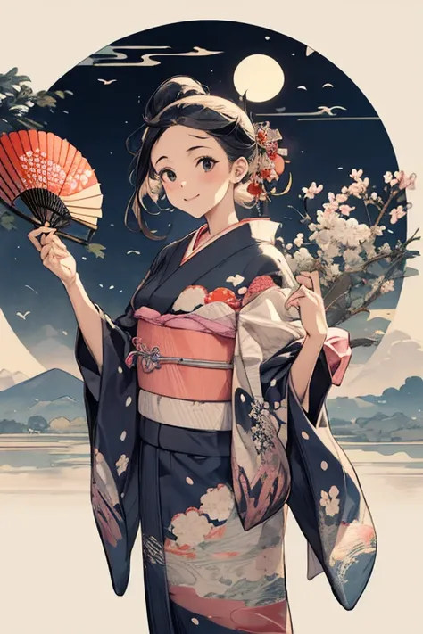 masterpiece, best quality, a woman in Japanese Yukata, holding a Japanese fan, in the summer, inspired by Utagawa Hiroshige, ukiyo-e, ukiyo-e art, Cute Ukiyo-e, yukata, japanese clothes, soft obi, sash, floral print, 