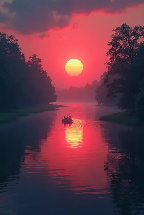 Lets create a very relaxing photo with a lake and an empty chessboard at sunset, the red sun, and on the river there is a small boat (super sharp image, 12k) and the chessboard. is a super beautiful red and blue wall chess board