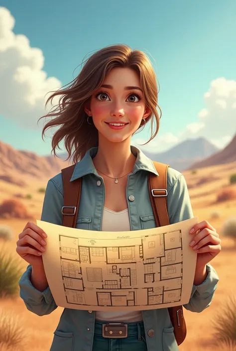 Create me a a girl holding a floorplan, will travel the whole world