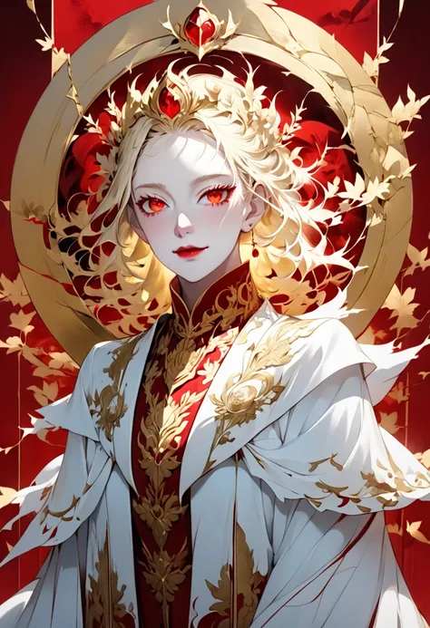 Fukamados Daughter 。 A beautiful blond woman who seems to have melted gold 。Droopy eyes。 crimson eyes that tend to stand down and are ephemeral 。Pale, soft skin like snow 。Cherry-colored lips。Red pattern on outer corner of eye。 mysterious and pretty, ephem...