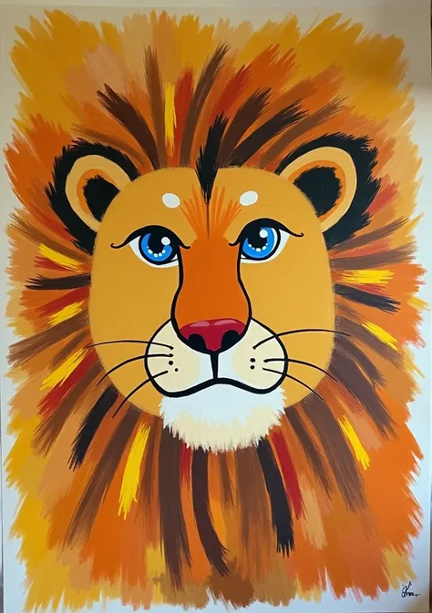 A s painting of a lions head.  The lions head is positioned in the center of the image.  It is depicted in a bold, expressive style with vibrant colors, including shades of orange, yellow, brown, and black. The mane is depicted with broad, expressive brush...