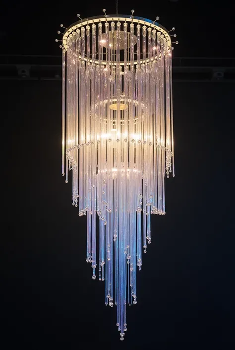 Design Concept: A cascading chandelier featuring elongated crystal droplets of varying lengths and widths, suspended from a circular metallic frame. Use iridescent crystals that reflect a spectrum of colors.
Lustre Effect: The play of light on the crystals...