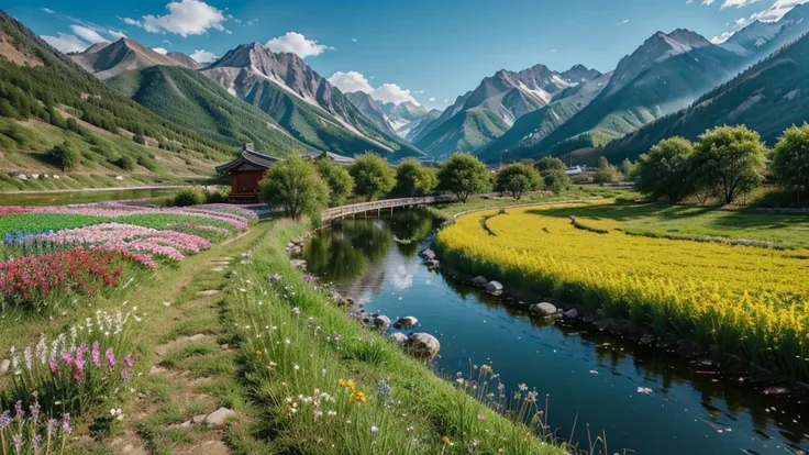 Mountain, flower, river painting with chinese traditional style, super great view and color grading, fit with every human generation eyes, different type and color of flowers, grass land