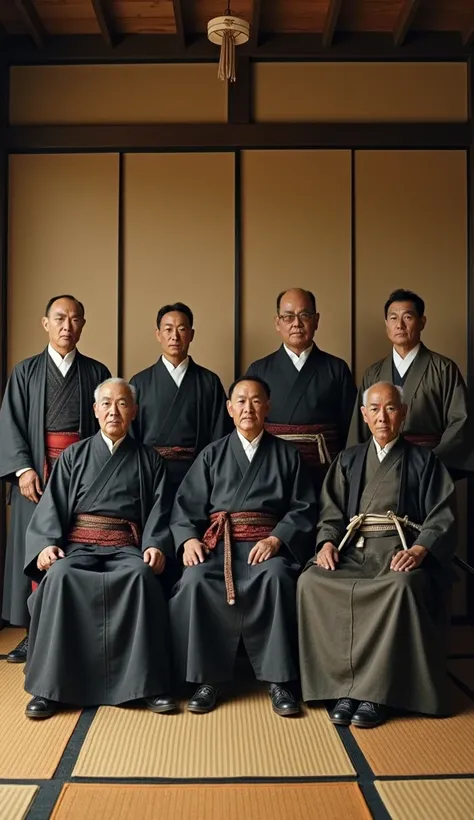 a detailed portrait of the Meiji government officials, wearing formal Japanese attire such as kimono, sitting in a traditional Japanese setting with shoji screens and tatami mats BREAK formal kimono, haori, hakama, samurai swords BREAK sitting formally, lo...