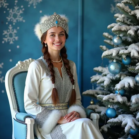 The image is a portrait photograph of a woman dressed in traditional Russian clothes, against a winter theme background. The style is bright and festive, with an emphasis on complex details. The woman has fair skin, she smiles, and her long brown hair is b...