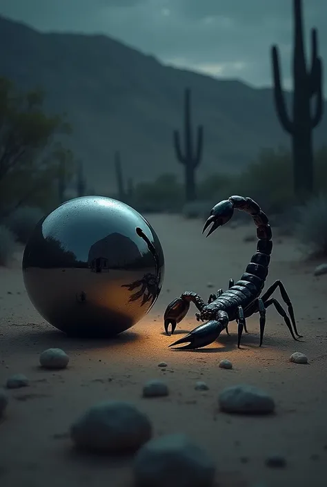 Here’s a detailed prompt for an image:

"A dark, mysterious scene featuring a shiny, reflective bell 
and a menacing scorpion facing each other. The ball is glossy and smooth, with a metallic sheen, reflecting the dim light from an unseen source. The scorp...