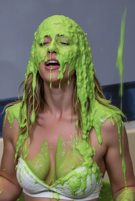 DSLR photograph of woman covered in green sticky liquid. Photorealistic. Glistening liquid. Nasty slime. Raw photo. F/1.4 aperture. 35mm. wearing white lace bra. Cleavage. wavy hair. Gameshow. Portrait photograph. water drop. motion blur. splashing.