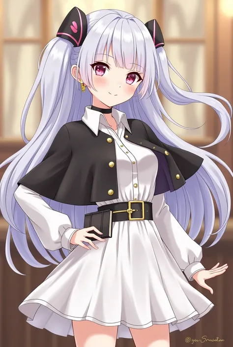 ((best quality)),((highly detailed)),masterpiece,absurdres,detailed face,beautiful face,(detailed eyes, deep eyes),(1girl),((dynamic pose)),  Noelle, pink eyes, smile, twintails, capelet, belt, closed mouth, big_breast, solo, skirt, long hair, silver hair,...