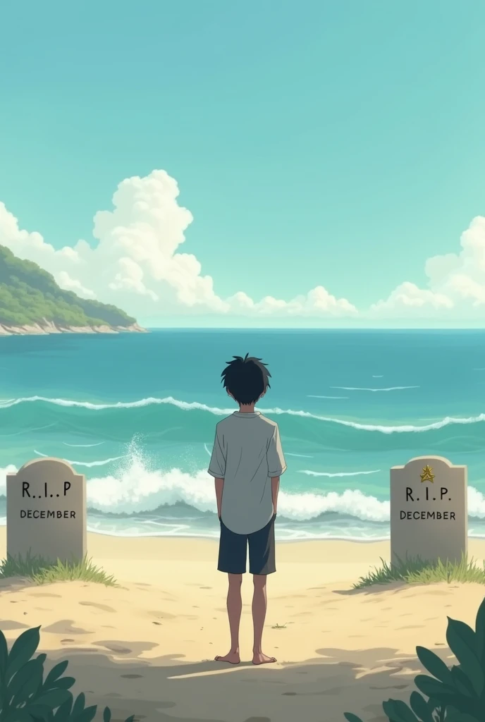 A adult boy avatar in sea beach facing to sea and his behind a Muslim cemetery there was written rip December. GIf
