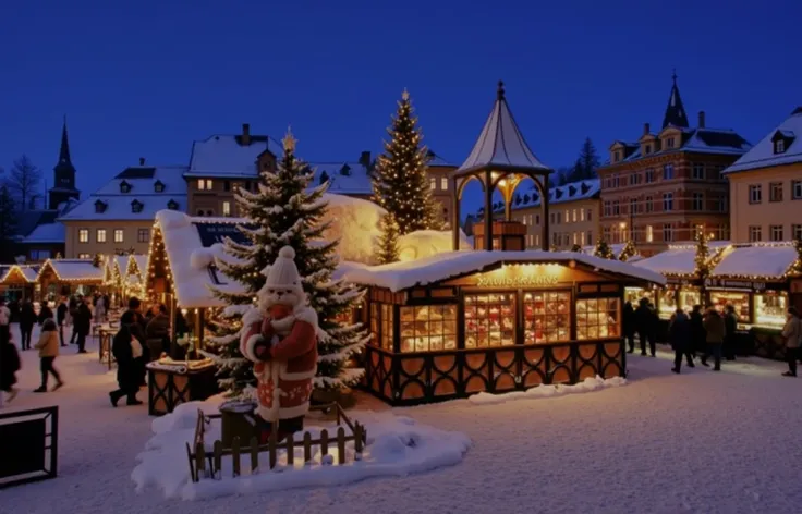 people, Who walk through the snowy Christmas market in the evening, cozy, winter wonderland, magical,  Christmassy 