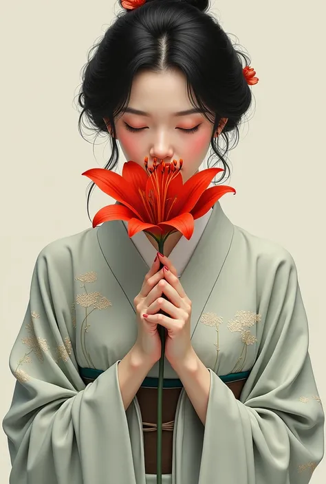 Create a portrait of a lady with her eyes closed wearing a kimono, holding a red spider lily with her two hands covering her lips.