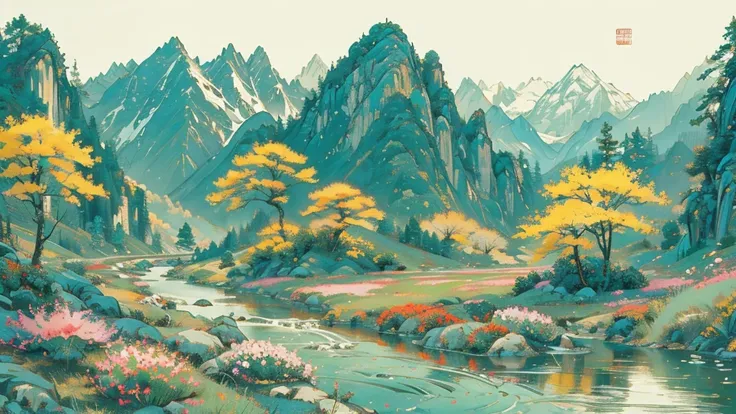 Mountain, flower, river painting with chinese traditional style, super great view and color grading, fit with every human generation eyes, different type and color of flowers, grass land