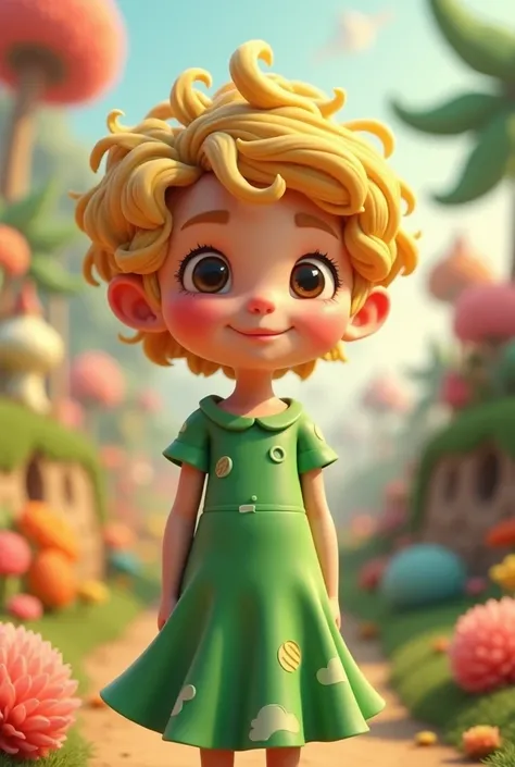 Style 3D, cartoon, A blonde young man with short curly hair wearing an green dress