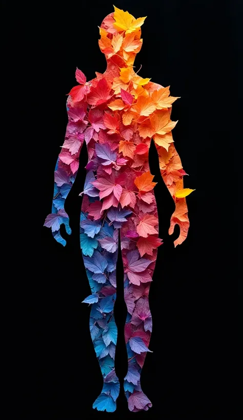  A visually stunning full human body silhouette created entirely from colorful leaves scattered against a black background. The leaves, in shades of vibrant blue, orange, red, pink, and purple, overlap dynamically to form a lifelike and detailed human shap...