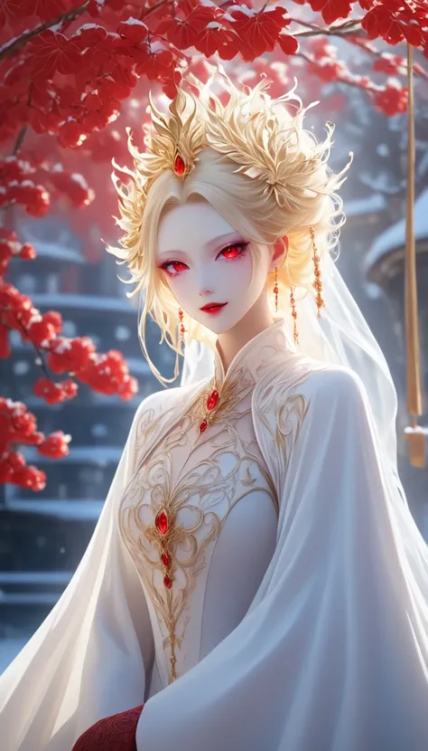 Fukamados Daughter 。 A beautiful blond woman who seems to have melted gold 。 crimson eyes that tend to stand down and are ephemeral 。Pale, soft skin like snow 。Cherry-colored lips。Red pattern on outer corner of eye。 mysterious and pretty, ephemeral beauty ...