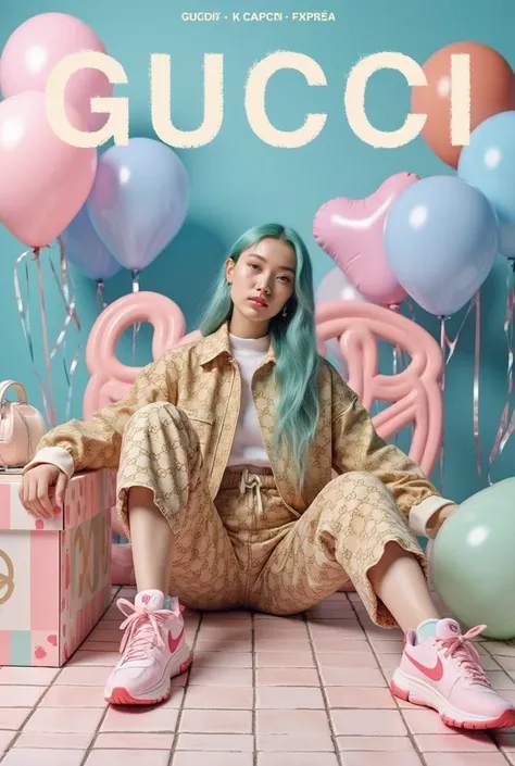 "CREATING A REALISTIC DETAILED COVER FOR GUCCI MAGAZINE FEATURING A 28-YEAR-OLD SOUTH KOREAN K-POP MODEL WITH LONG SEA BLUE HAIR, SHE SHOWED CONFIDENCE AND CHARM, SITTING CASUALLY ON A TILED FLOOR COVERED IN PASTEL-COLORED METAL HEART-SHAPED BALLOONS IN PI...