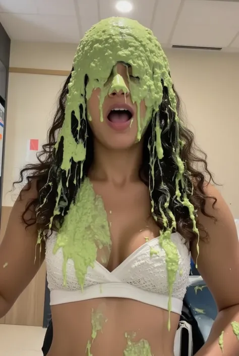 DSLR photograph of Asian woman covered in green sticky liquid. Photorealistic. Glistening liquid. Nasty slime. Raw photo. F/1.4 aperture. 35mm. wearing white lace bra. Cleavage. wavy hair. Inside classroom. Inside school. Portrait photograph. Beautiful Asi...