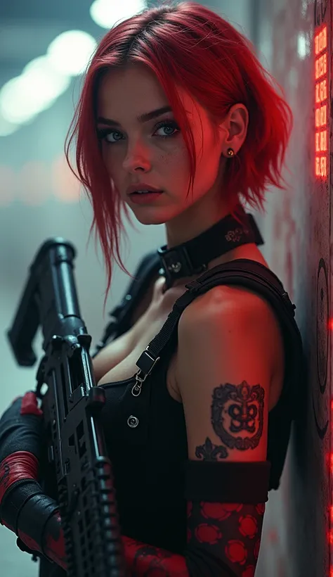 
In this captivating image, the central female character (Harley Quinn, beautiful face), red short hair, exudes Confident Call of Duty operator, wearing full delta force black tactical gear, Armed with an AR-15, Combat pose, (Battle scene background), mid ...