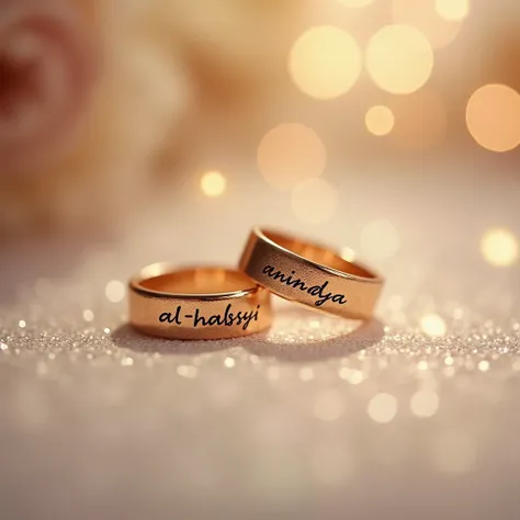 romantic image of two wedding rings with the names "Anindya" and "Al-Habsyi" written on them