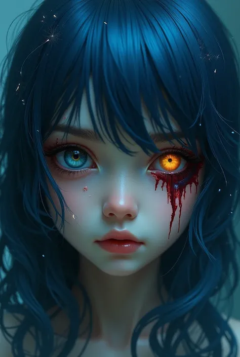 A girl with dark blue hair and have  a scar at her right eyes which have different colour due to contacting with demon