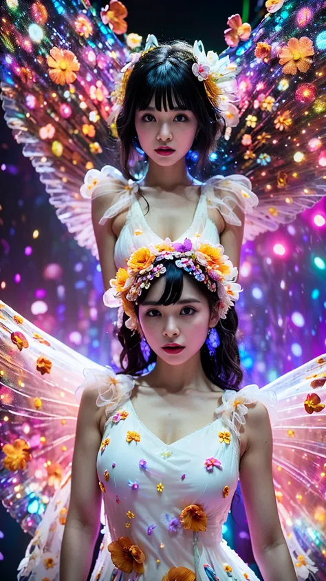 4K ultra high definition, masterpiece, a girl, good face, meticulous eyes, meticulous lips, flower fairy girl, big wings, transparent wings, neon lights, (galaxy background: 1.5), (flower dress: 1.8), (white dress: 1.5), in heaven,