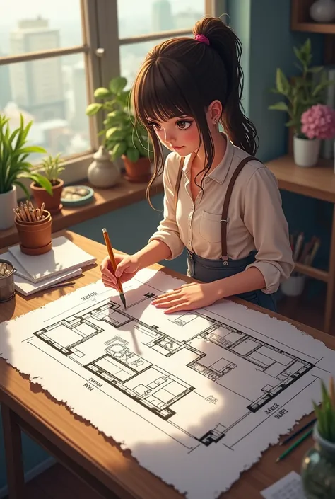 a girl doing a floor plan painting