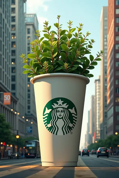 Large cup of Starbucks at palace height in the middle of a city with a garden with coffee seedlings inside 