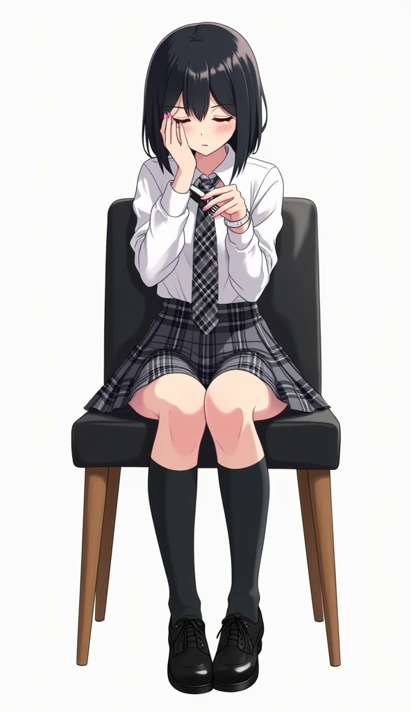  Teenage woman with black and short hair and with white anime watch and with pink nails with white shirt with long sleeve and plaid tie in dark gray and white and pleated plaid skirt in combination of dark gray and white colors, following a uniform pattern...