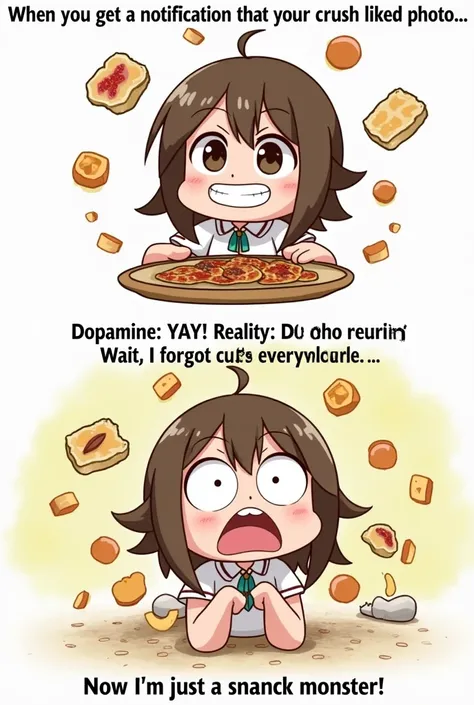 Image: A cartoon character looking ecstatic, surrounded by snacks, with a huge grin.
Top Text: “When you get a notification that your crush liked your photo…”
Bottom Image: The same character now looking shocked and wide-eyed, with snacks flying everywhere...