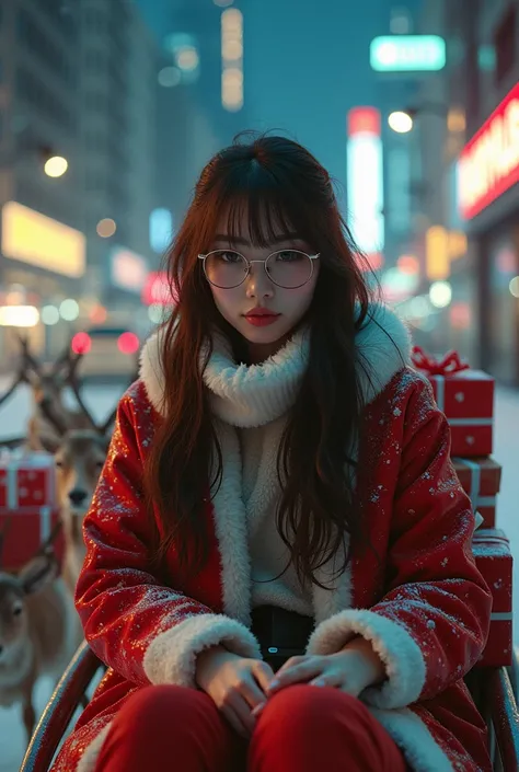 masterpiece of cyber punk style, bottom up angle, full body a beauty japanese idol look like actress 23years white skin, long brown highlights hair, wear round lens glasses, wear two piece cover by long coat in Santa design, sitting on six deer sleigh carr...