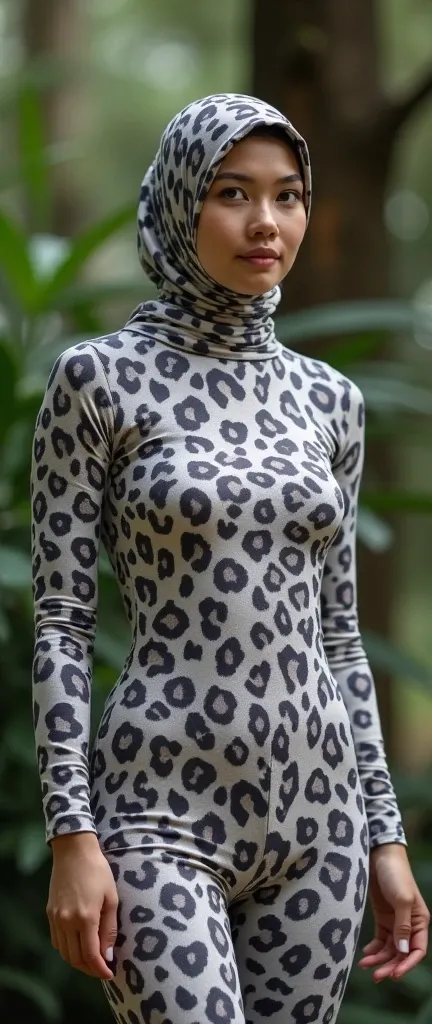  A beautiful and thin Malay female teacher wears a cloud leopard pattern lycra high neck tight performance suit。 She always wears a cloud leopard pattern Lycra Malay female hijab 。She looks beautiful 。 She wears a fierce cloud panther climbing a tree 。