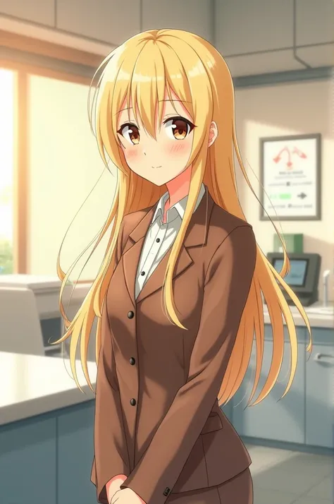  Japanese girl 、Brown blazer uniform 、 tan、 anime style、brown skin、Blonde、Health Room、Examination room、Daytime